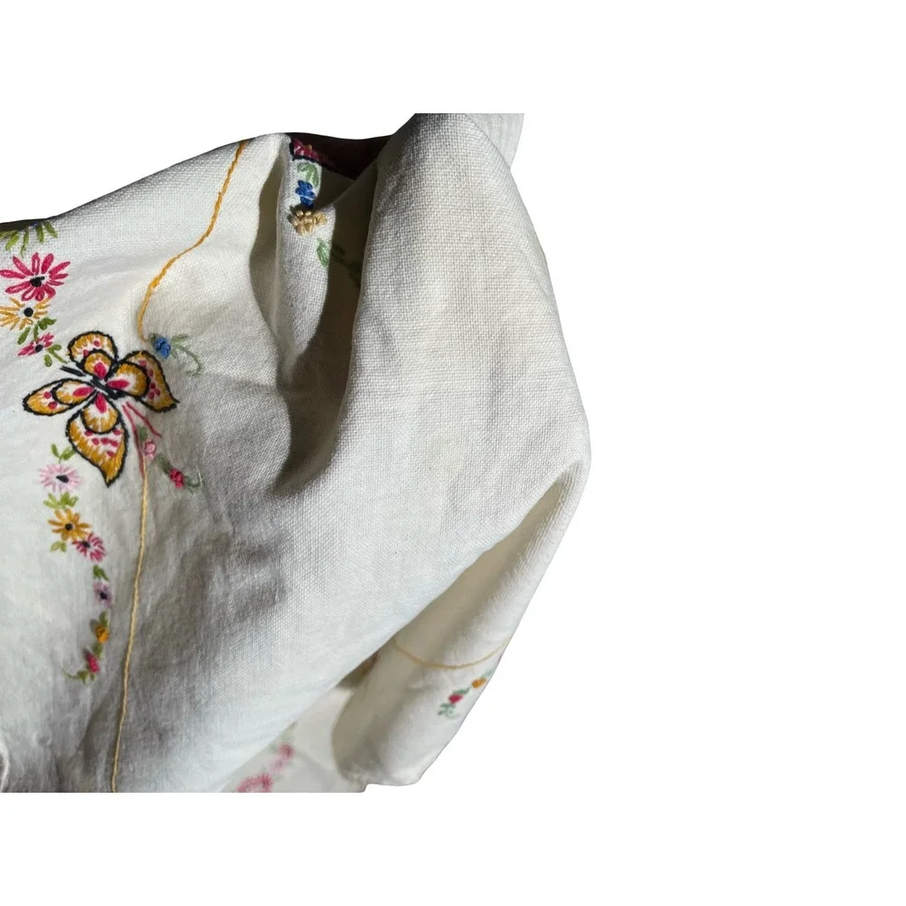 Vintage Embroidered Table Runner Butterfly Floral Dresser Scarf Linen